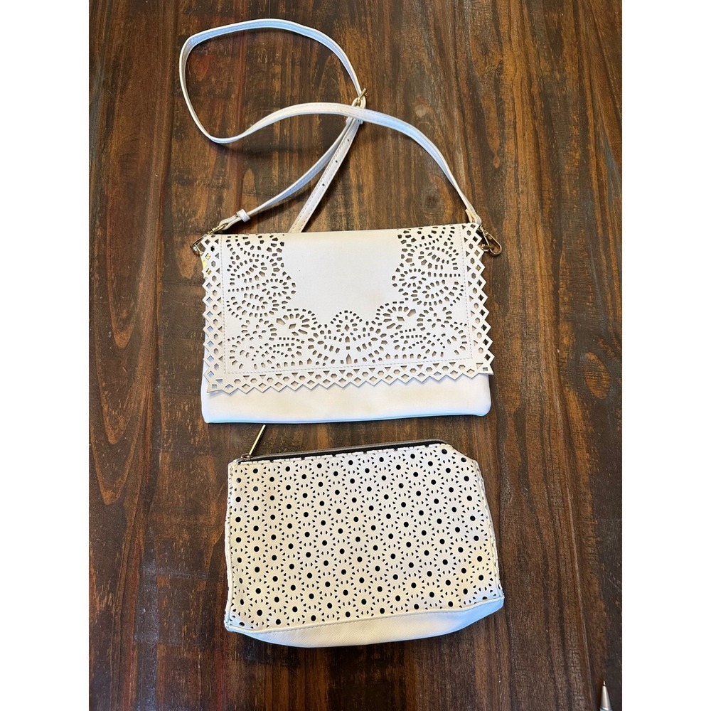 Moda Luxe & Estee Lauder White Laser Cut‎ Clutch & Crossbody Bag 2 pieces NWOT